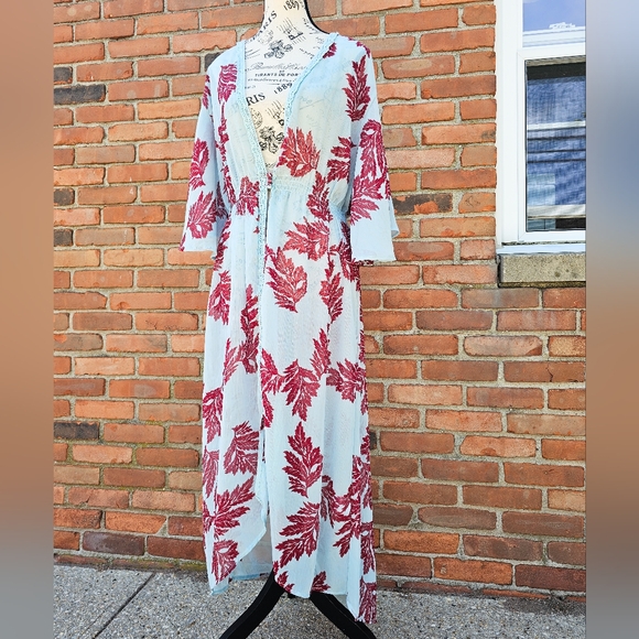 Kori America Burgundy Leaf Print Sheer Chiffon Hi-Low Maxi Dress – XL FIT - Picture 1 of 15